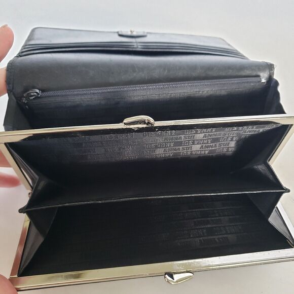 Anna Sui Wallet Clutch Gray Black Envelope Leather Canvas Boho Geometric Large - Picture 7 of 12